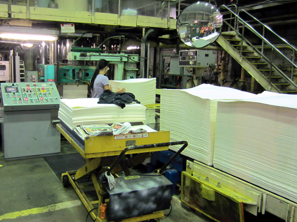 Northern bleached softwood kraft pulp sheets being packed into bales at a paper mill